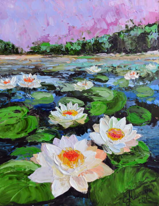 Картина под названием "Water Lilies Origin…" - Elena Miftakhova, Подлинное произведение искусства, Масло