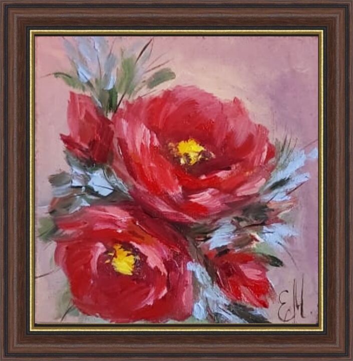 Painting titled "Red Roses Painting…" by Elena Miftakhova, Original Artwork, Oil