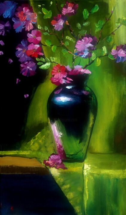 Painting titled "Sakura in a vase" by Elena Mironova, Original Artwork, Oil Mounted on Wood Stretcher frame