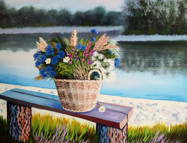 Painting titled "Wild flowers" by Elena Mironova, Original Artwork, Oil Mounted on Wood Stretcher frame
