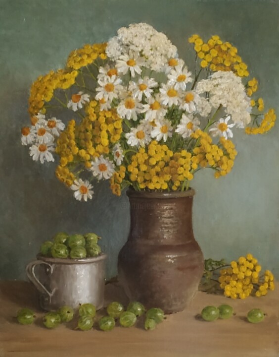 Картина под названием "Цветы" - Елена Николаева, Подлинное произведение искусства, Масло
