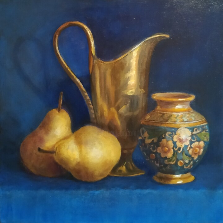 Schilderij getiteld "Натюрморт на синем…" door Elena Nikolaeva, Origineel Kunstwerk, Olie