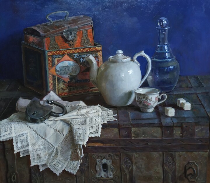 Картина под названием "Натюрморт с сундуком" - Елена Николаева, Подлинное произведение искусства, Масло