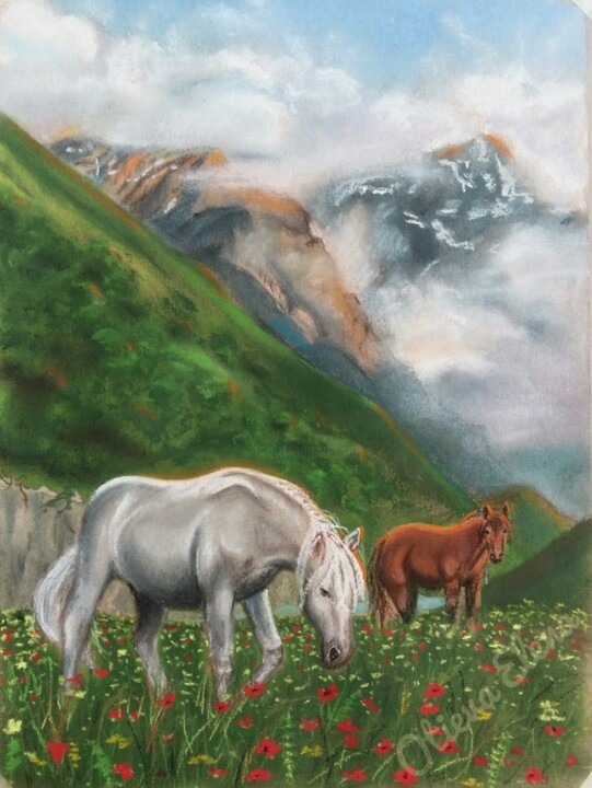 Painting titled "Morning  in the mou…" by Elena Otieva, Original Artwork, Pastel