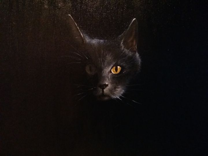 Pintura titulada "Gato en penumbra" por Elena Oundjian, Obra de arte original