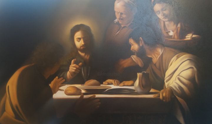 Painting titled ""La cena di Emmaus"" by Achille Pecoraro, Original Artwork, Oil