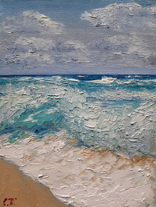 Painting titled "Storm. Sea is shaki…" by Elena Petrova, Original Artwork, Oil