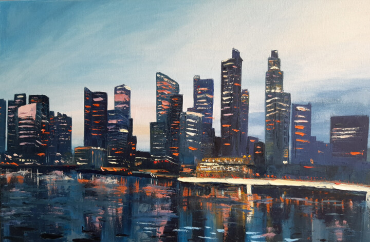 Painting titled "Big City" by Elena Petrova, Original Artwork, Oil