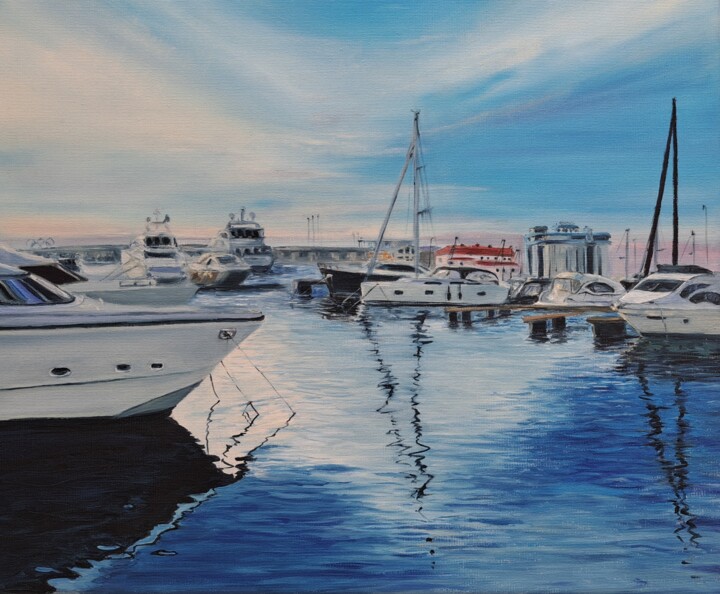 Painting titled "Port. Yachts" by Elena Petrova, Original Artwork, Oil