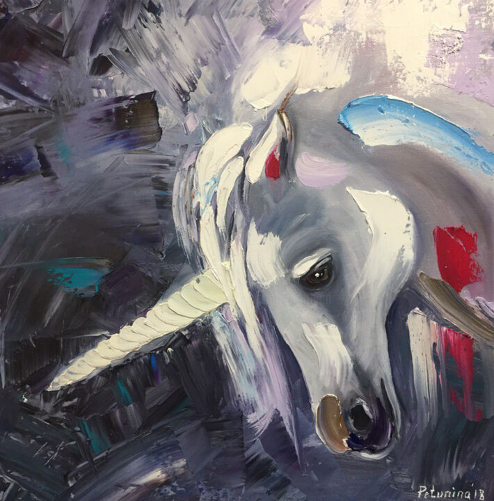 Painting titled "Unicorn" by Elena Petunina, Original Artwork, Oil Mounted on Wood Stretcher frame