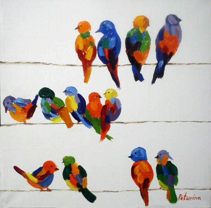 Painting titled "Birds" by Elena Petunina, Original Artwork, Oil Mounted on Wood Stretcher frame