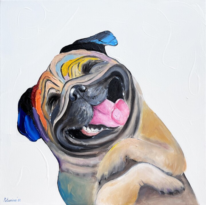 Painting titled "Funny pug" by Elena Petunina, Original Artwork, Oil Mounted on Wood Stretcher frame
