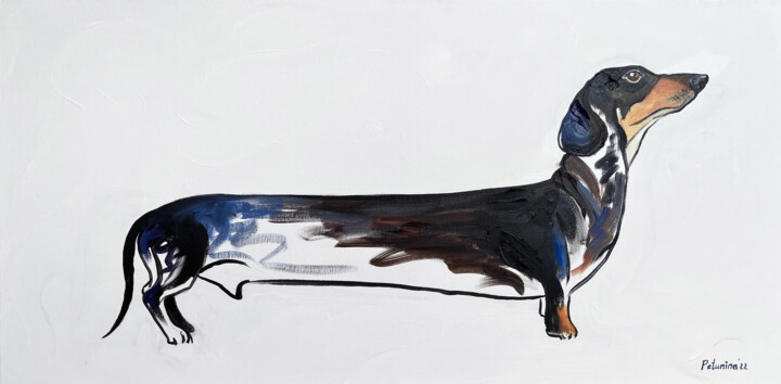Painting titled "Dachshund" by Elena Petunina, Original Artwork, Oil Mounted on Wood Stretcher frame
