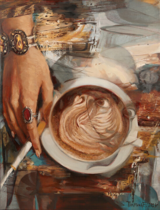 Картина под названием "Большой капучино с…" - Elena Pichugina, Подлинное произведение искусства, Масло