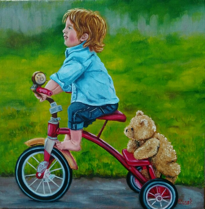 Painting titled "Boy on a bike." by Elena Pimenova, Original Artwork, Oil