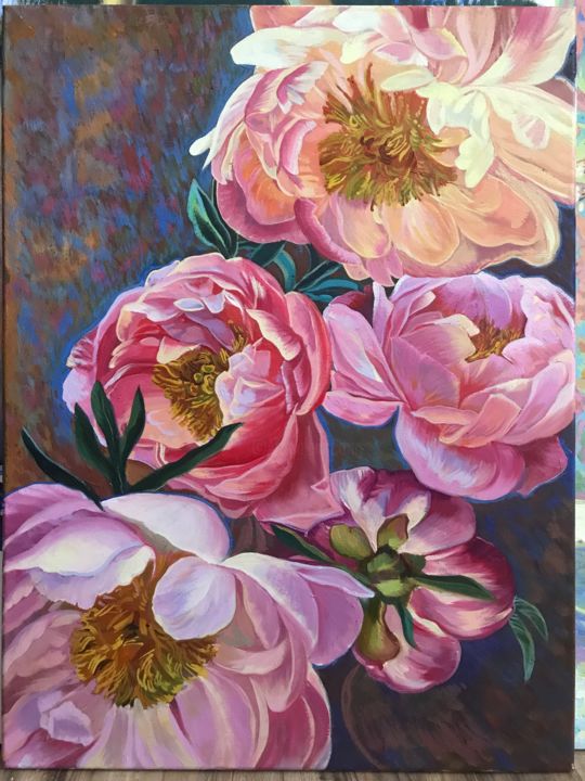 Pintura intitulada "Peonies" por Elena Elena, Obras de arte originais, Óleo