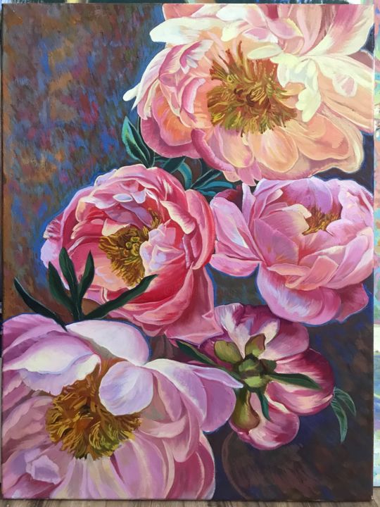 Painting titled "Peonies" by Elena Podmarkowa, Original Artwork, Oil