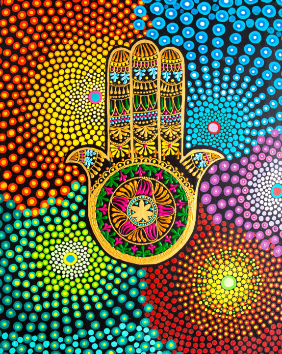 Malarstwo zatytułowany „Hamsa hand mandala…” autorstwa Elena Polak, Oryginalna praca, Akryl