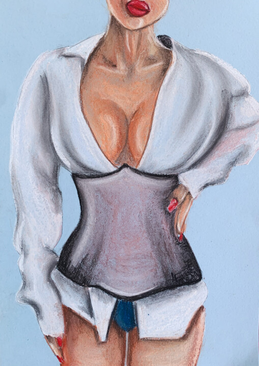 Sexy Girl With Big Boobs Light Blue Back, Drawing by Elena Polak