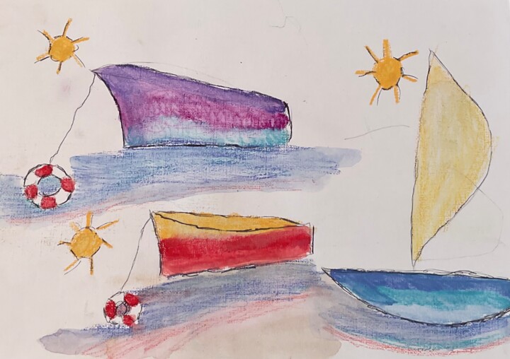 Desenho intitulada "Bateaux" por Eléna Rainaud, Obras de arte originais, Pastel