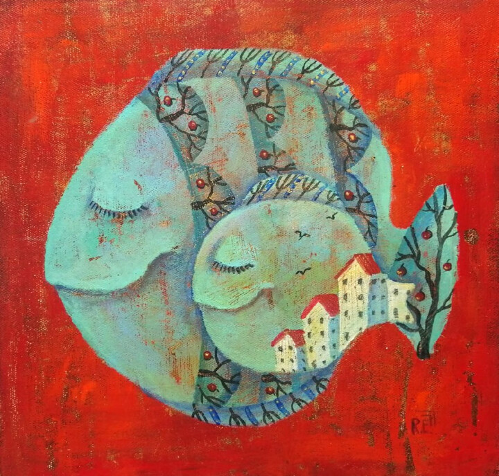 Картина под названием "Плывём вдвоём" - Елена Разина, Подлинное произведение искусства, Акрил Установлен на Деревянная рама…