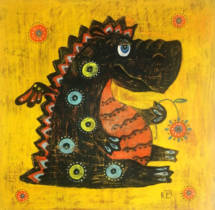 Картина под названием "Дракон" - Елена Разина, Подлинное произведение искусства, Акрил Установлен на Деревянная рама для нос…
