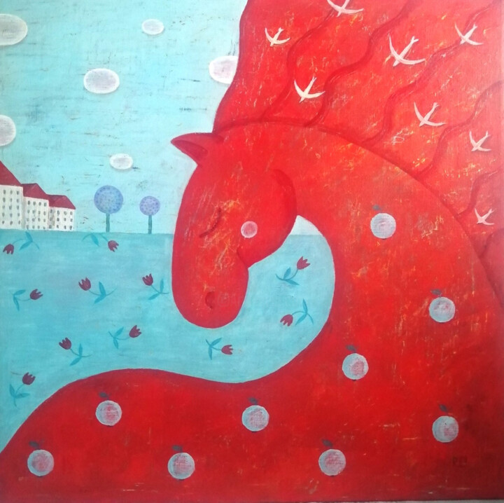 Pintura titulada "Красный конь" por Elena Razina, Obra de arte original, Acrílico Montado en Bastidor de camilla de madera