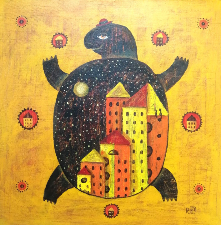 Painting titled "Планета черепах" by Elena Razina, Original Artwork, Acrylic Mounted on Wood Stretcher frame