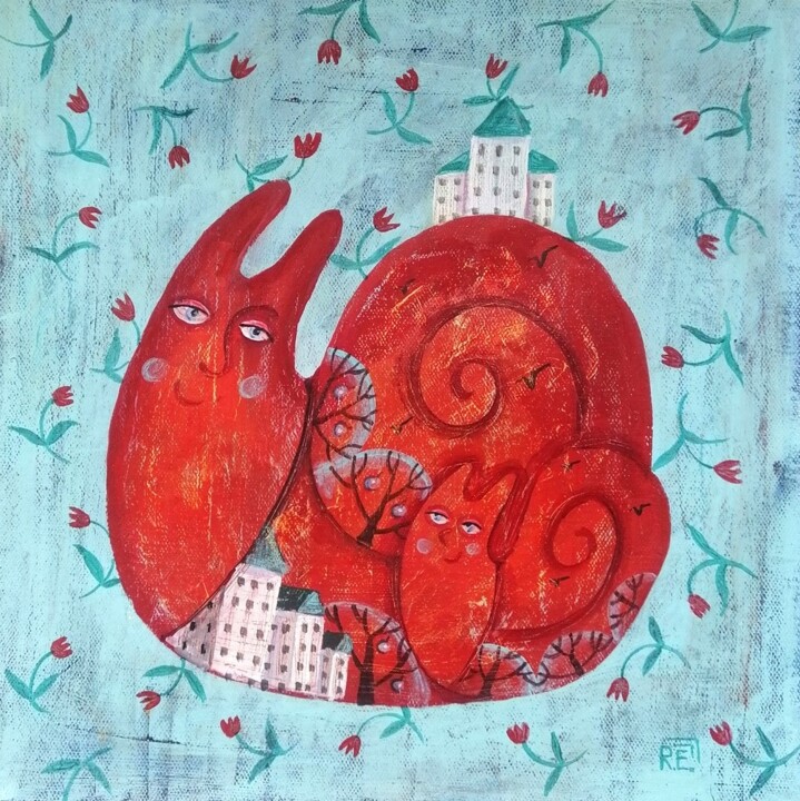Картина под названием "Always together" - Елена Разина, Подлинное произведение искусства, Акрил Установлен на Деревянная рам…