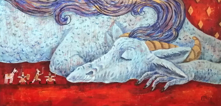 Malarstwo zatytułowany „Year of the Dragon” autorstwa Елена Разина, Oryginalna praca, Akryl Zamontowany na Drewniana rama no…