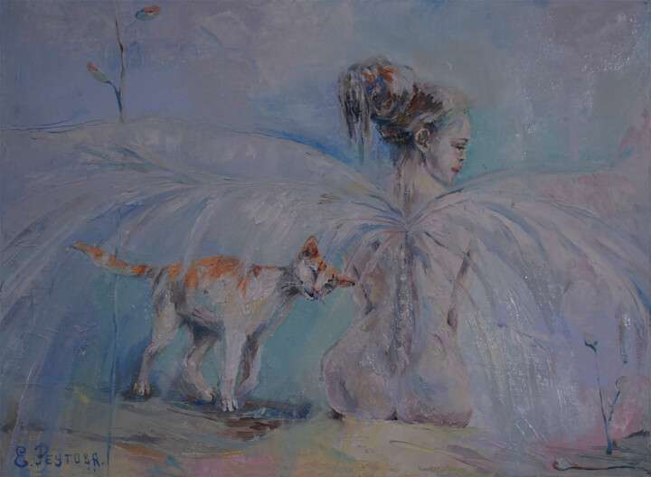 Painting titled "Angel and cat." by Elena Reutova, Original Artwork, Oil Mounted on Wood Stretcher frame