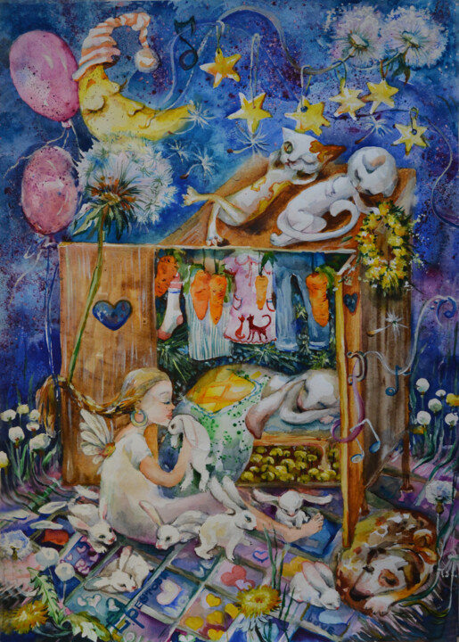 Schilderij getiteld "Good night. Magic n…" door Elena Reutova, Origineel Kunstwerk, Aquarel