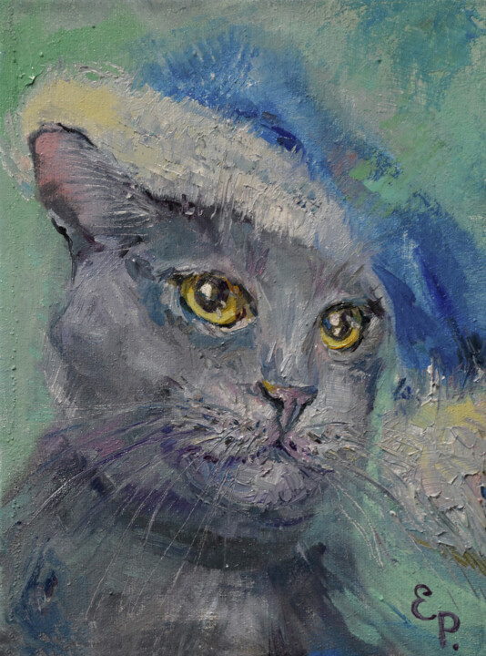 Painting titled "Portrait of a gray…" by Elena Reutova, Original Artwork, Oil Mounted on Wood Stretcher frame
