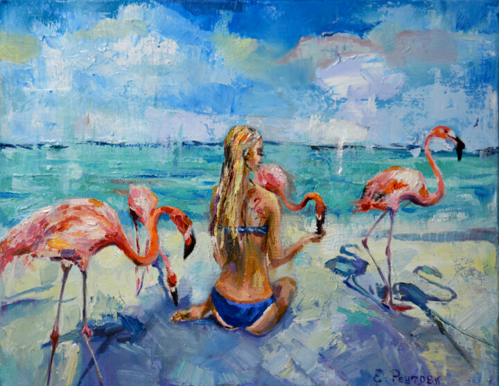 Pintura intitulada "Flamingo on the bea…" por Elena Reutova, Obras de arte originais, Óleo Montado em Armação em madeira