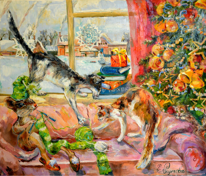 Картина под названием "Christmas cats and…" - Elena Reutova, Подлинное произведение искусства, Масло