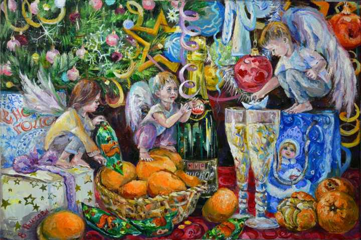 Painting titled "Christmas Angels at…" by Elena Reutova, Original Artwork, Oil Mounted on Wood Stretcher frame