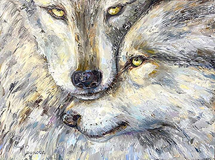Картина под названием "Wolf and she-wolf.…" - Elena Reutova, Подлинное произведение искусства, Масло Установлен на Деревянна…