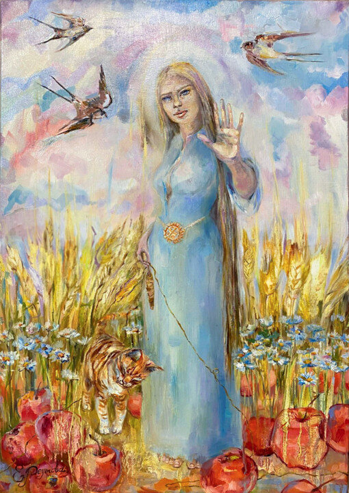 Картина под названием "Bereginya Mother Ma…" - Elena Reutova, Подлинное произведение искусства, Масло Установлен на Деревянн…