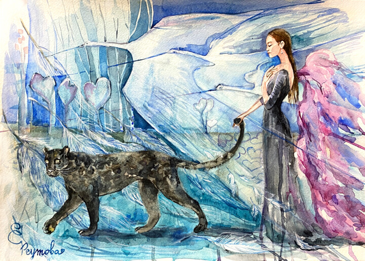 Картина под названием "Watercolor panther.…" - Elena Reutova, Подлинное произведение искусства, Акварель