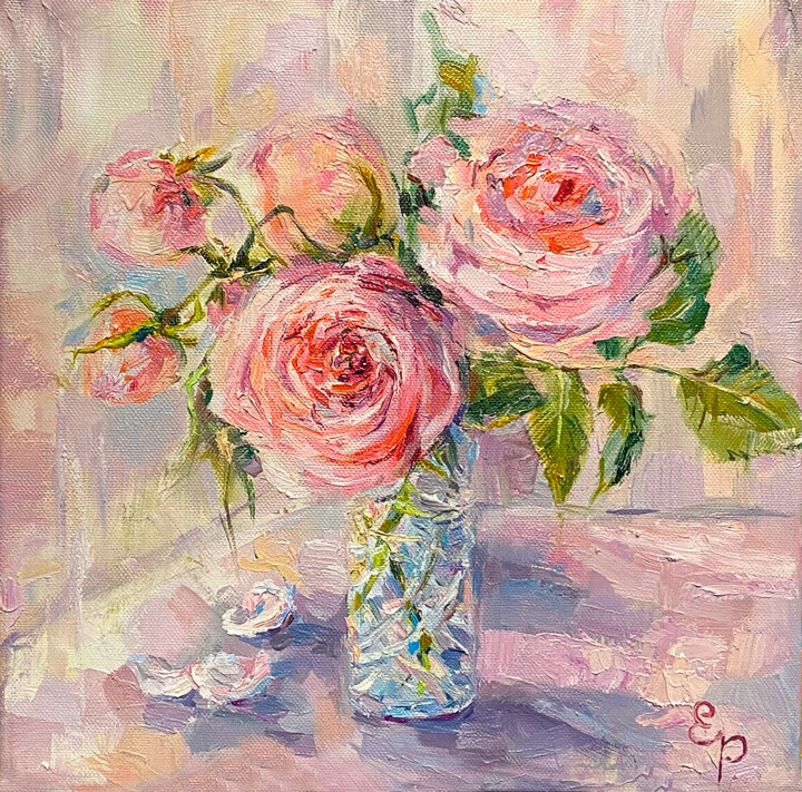 Painting titled "Delicate roses for…" by Elena Reutova, Original Artwork, Oil Mounted on Wood Stretcher frame