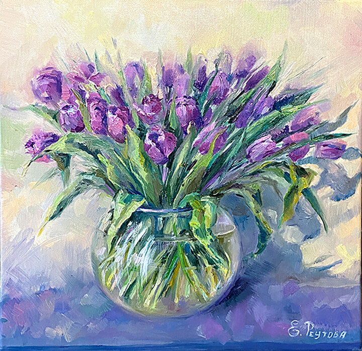 Painting titled "Bouquet of purple l…" by Elena Reutova, Original Artwork, Oil Mounted on Wood Stretcher frame