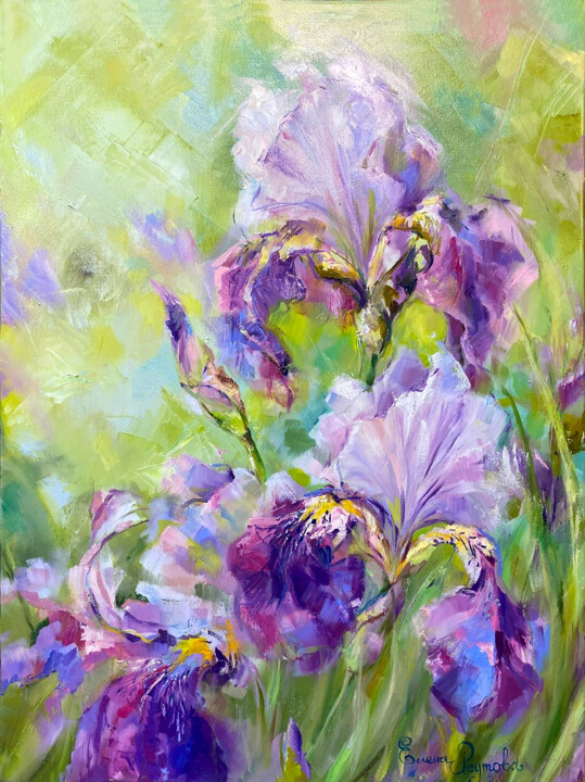 Painting titled "Solar irises for th…" by Elena Reutova, Original Artwork, Oil Mounted on Wood Stretcher frame