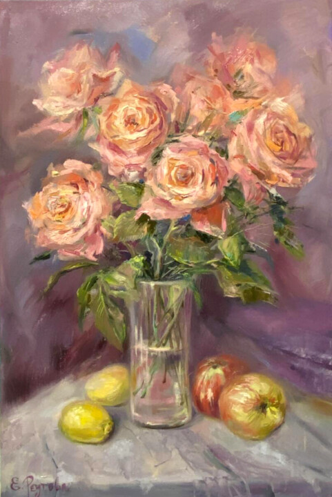 Painting titled "Bouquet of roses in…" by Elena Reutova, Original Artwork, Oil Mounted on Wood Stretcher frame