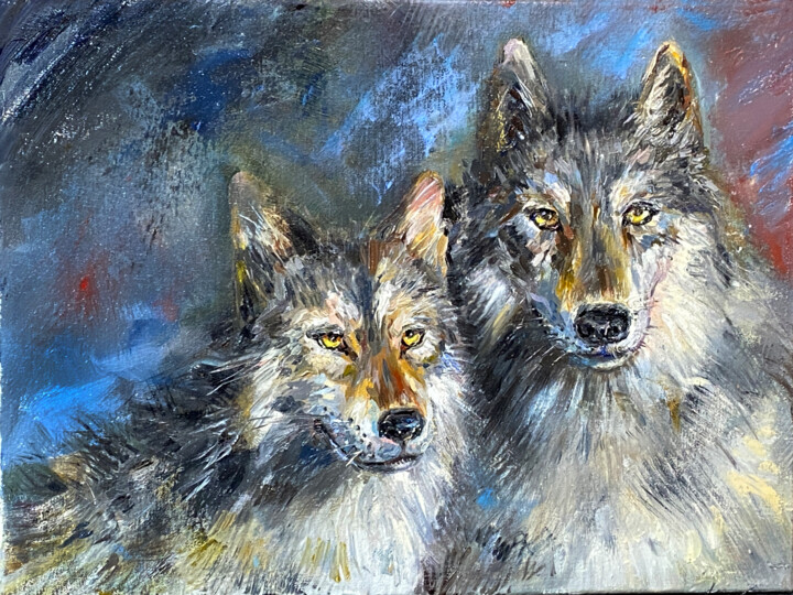 Картина под названием "Night Wolves. A pic…" - Elena Reutova, Подлинное произведение искусства, Масло Установлен на Деревянн…