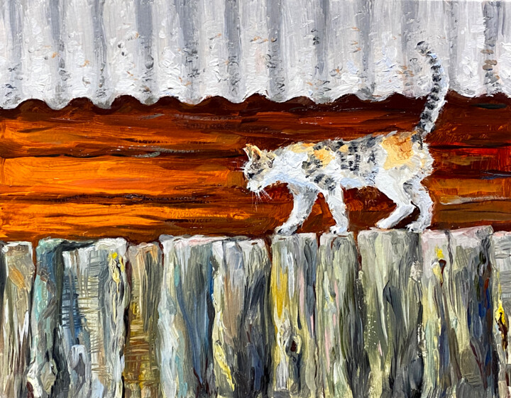 Картина под названием "Tricolor cat on the…" - Elena Reutova, Подлинное произведение искусства, Масло