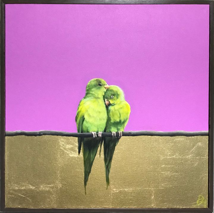 Painting titled "Mexican parrots" by Elenaartdobro, Original Artwork, Oil Mounted on Wood Stretcher frame