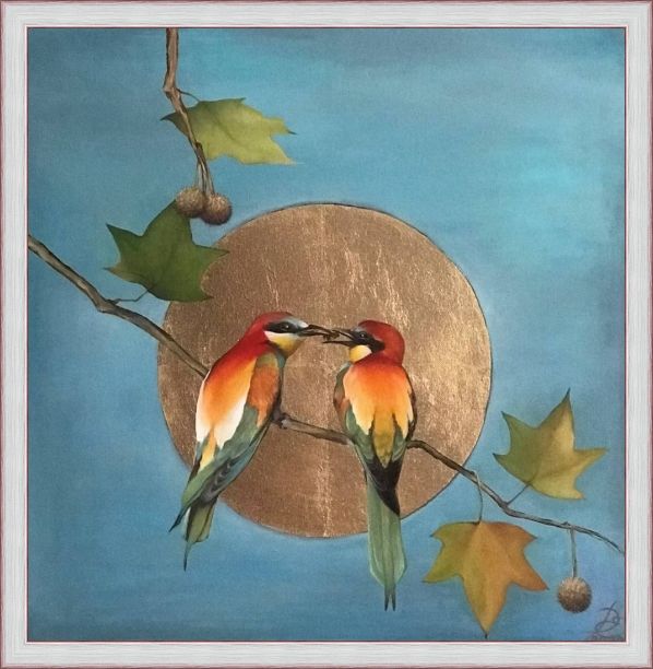 Painting titled "Bee-eaters on Plata…" by Elenaartdobro, Original Artwork, Oil Mounted on Wood Stretcher frame