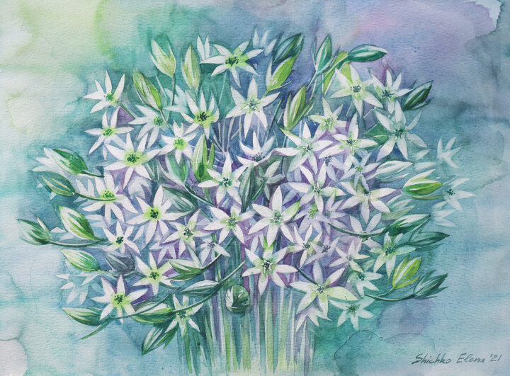 Painting titled "White flowers. Wate…" by Elena Shichko, Original Artwork, Watercolor