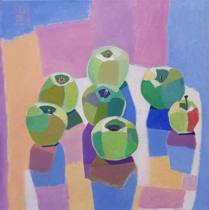 Peinture intitulée "Яблоки на столе" par Elena Shipilova, Œuvre d'art originale, Huile Monté sur Panneau de bois