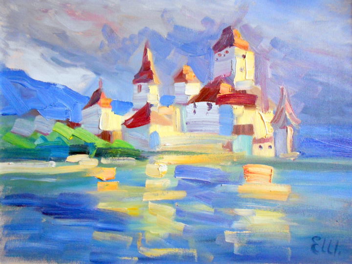 Painting titled "Medieval castle." by Elena Shipunova, Original Artwork, Oil